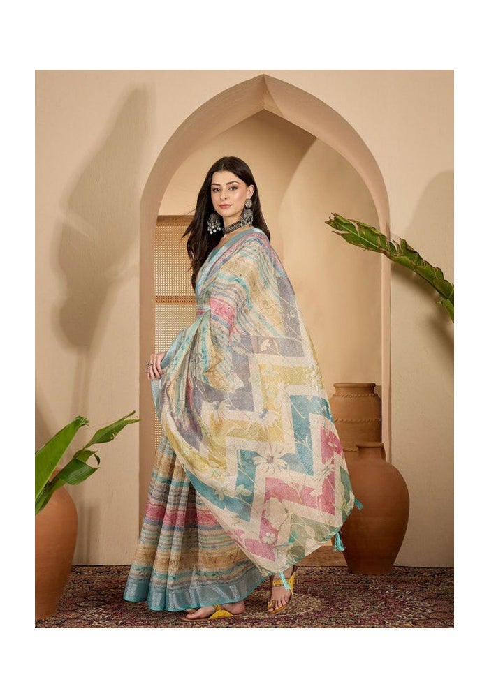 Malishka Export Beige Linen Cotton Digital Print Saree for Women - Image 3